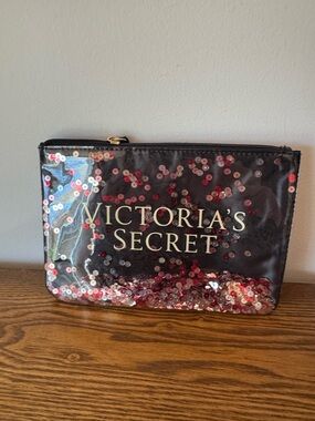 Victoria's Secret Confetti Sequin Wristlet Makeup Bag Pouch Black Red Silver EUC